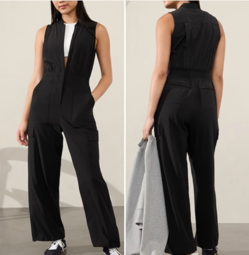 Athleta Nylon Jumpsuit Brooklyn Black Zip Front Sleeveless nwot Waist Tie
